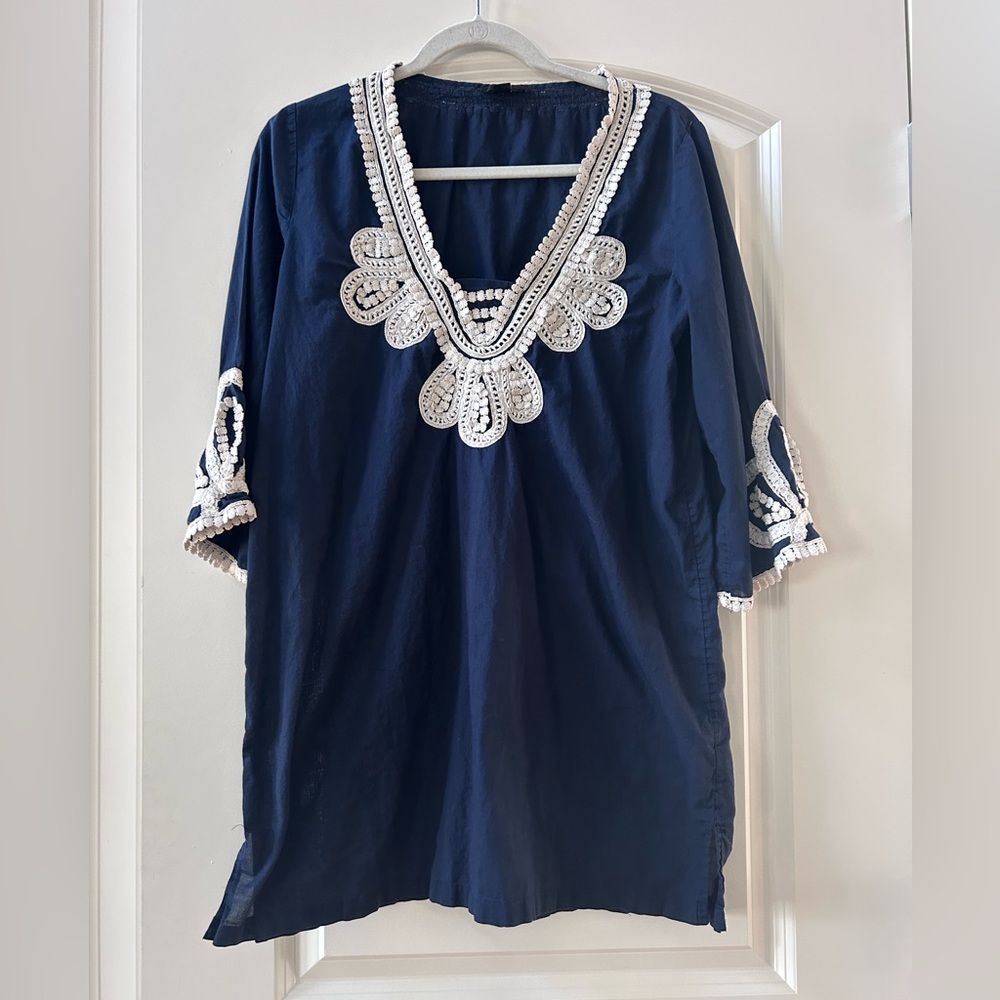 J. Crew 100% Cotton Embellished Tunic Swim Cover. Lightweight. Nautical. Coastal